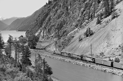 Westward view of British Columbia Railway freight train departing Lillooet, British Columbia, on run to North Vancouver in June 1978. Photograph by J. Parker Lamb, © 2017, Center for Railroad Photography and Art. Lamb-02-110-12