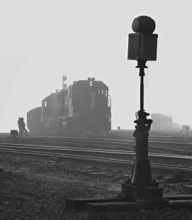 Westbound Boston and Maine Railroad freight train prepares to depart yard in East Deerfield, Massachusetts, on a foggy day in June 1980. Photograph by J. Parker Lamb, © 2017, Center for Railroad Photography and Art. Lamb-02-114-08