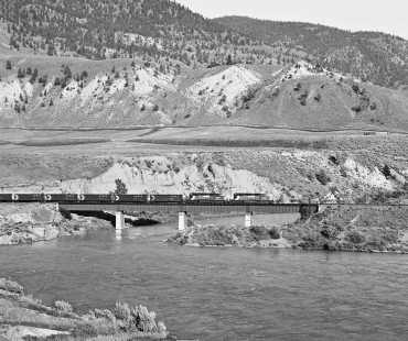 Canadian Pacific Railway coal train rumbles westward beside Thompson River at Spences Bridge, British Columbia, in June 1978. Photograph by J. Parker Lamb, © 2017, Center for Railroad Photography and Art. Lamb-02-112-01