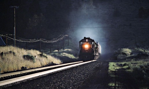 Westbound Southern Pacific Railroad freight train in Dorris, California, on July 24, 1982. Photograph by John F. Bjorklund, © 2016, Center for Railroad Photography and Art. Bjorklund-86-06-03