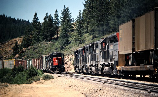 Westbound and eastbound Southern Pacific Railroad freight trains meeting at Truckee, California, in July 1979. Photograph by John F. Bjorklund, © 2016, Center for Railroad Photography and Art. Bjorklund-85-04-15
