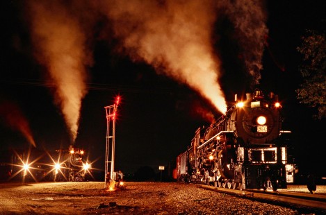 Night shot on the Ohio Central Railroad with former Canadian Pacific Railway and former Grand Trunk Western Railroad steam locomotives at Coshocton, Ohio, on October 5, 2002. Photograph by John F. Bjorklund, © 2016, Center for Railroad Photography and Art. Bjorklund-78-04-08