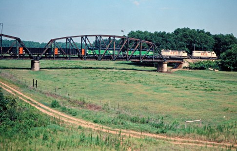 Northbound Kansas City Southern Railway coal train over Red River near Ogden, Arkansas, on July 22, 1977. Photograph by John F. Bjorklund, © 2016, Center for Railroad Photography and Art. Bjorklund-61-21-15