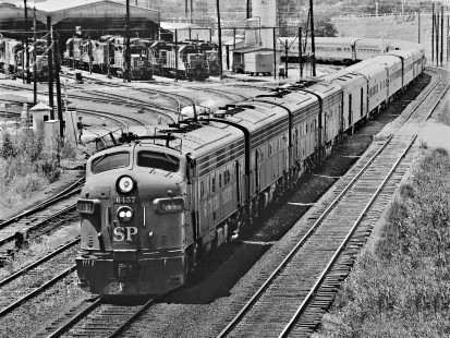 In the early days of Amtrak, Southern Pacific Railroad F-units head up the <i>Sunset Limited</i> passenger train leaving San Antonio, Texas, for trek to New Orleans, Louisiana, in September 1972. Photograph by J. Parker Lamb, © 2016, Center for Railroad Photography and Art. Lamb-02-053-03