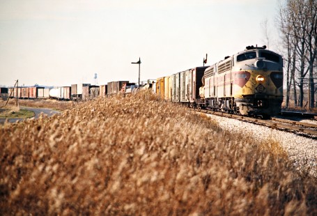 Eastbound Erie Lackawanna Railway freight train in Alger, Ohio, on November 15, 1975. Photograph by John F. Bjorklund, © 2016, Center for Railroad Photography and Art. Bjorklund-55-20-25