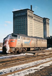 Power for Amtrak  passenger train no. 363, the <i>St. Clair</i>, operating on Penn Central in Detroit, Michigan, on October 14, 1973. Photograph by John F. Bjorklund, © 2016, Center for Railroad Photography and Art. Bjorklund-79-25-02