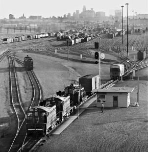 Early morning view of Missouri Pacific Railroad hump facility that replaced Lancaster Yard in Fort Worth, Texas, in April 1972. Photograph by J. Parker Lamb, © 2016, Center for Railroad Photography and Art. Lamb-02-064-03