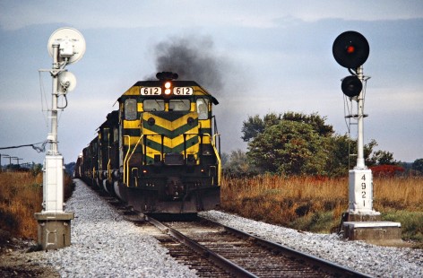 Northbound Missouri–Kansas–Texas Railroad freight train in Wagoner, Oklahoma, on October 18, 1988. Photograph by John F. Bjorklund, © 2016, Center for Railroad Photography and Art. Bjorklund-70-21-05