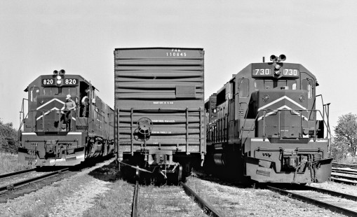 Southbound Missouri Pacific Railroad freight train arrives in yard at Taylor, Texas, as a local train waits for crew availability in May 1970. Photograph by J. Parker Lamb, © 2016, Center for Railroad Photography and Art. Lamb-02-060-03