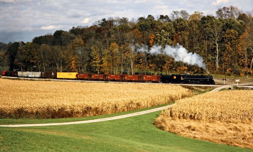 Southbound Ohio Central Railroad freight train with former Grand Trunk Western steam locomotive no. 6325 near Baltic, Ohio, on October 18, 2003. Photograph by John F. Bjorklund, © 2016, Center for Railroad Photography and Art. Bjorklund-78-14-23