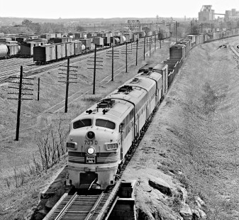 Quartet of F-units lead northbound Chicago, Burlington and Quincy Railroad freight train past Rock Island's Peach Yard north of downtown Fort Worth, Texas, in May 1969. Photograph by J. Parker Lamb, © 2016, Center for Railroad Photography and Art. Lamb-02-075-03