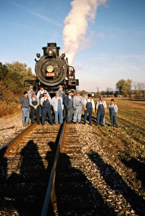 Ohio Central Railroad crew posing with with former Canadian Pacific Railway locomotive no. 1293 at Trinway, Ohio, on October 19, 2003. Photograph by John F. Bjorklund, © 2016, Center for Railroad Photography and Art. Bjorklund-78-19-04