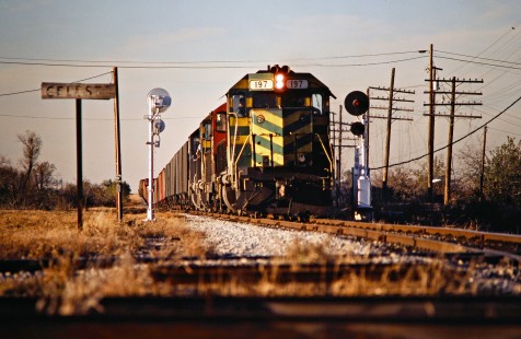 Southbound Missouri–Kansas–Texas Railroad freight train in Celeste, Texas, on November 28, 1980. Photograph by John F. Bjorklund, © 2016, Center for Railroad Photography and Art. Bjorklund-70-04-03