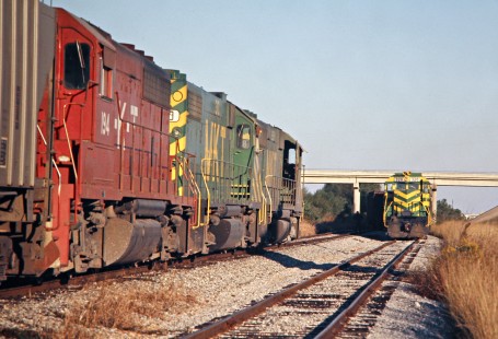 Missouri–Kansas–Texas Railroad freight trains meet at Katy, Texas, on October 31, 1976. Photograph by John F. Bjorklund, © 2016, Center for Railroad Photography and Art. Bjorklund-70-01-02