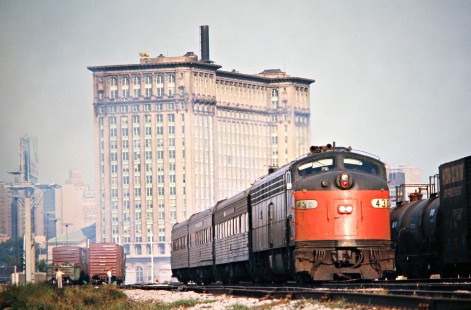 Westbound Amtrak passenger train no. 373, the <i>Michigan Experience</i>, in Detroit, Michigan, on September 10, 1975. Photograph by John F. Bjorklund, © 2016, Center for Railroad Photography and Art. Bjorklund-80-01-06