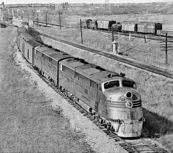 Inbound Chicago, Burlington and Quincy Railroad <i>Texas Zephyr</i> passenger train passes Rock Island switcher at Peach Yard in Fort Worth, Texas, in March 1969. Photograph by J. Parker Lamb, © 2016, Center for Railroad Photography and Art. Lamb-02-074-12
