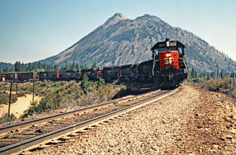 Eastbound Southern Pacific Railroad freight train at Black Butte, California, on July 25, 1979. Photograph by John F. Bjorklund, © 2016, Center for Railroad Photography and Art. Bjorklund-85-16-06