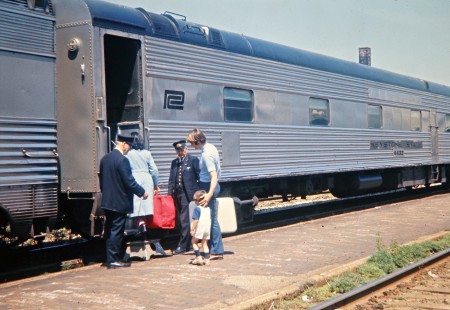 Exterior of ex-New Haven passenger car no. 4433, <i>Keystone State</i>, with Amtrak passenger train no. 355 operating on Penn Central track at Kalamazoo, Michigan, in May 1971. Photograph by John F. Bjorklund, © 2016, Center for Railroad Photography and Art. Bjorklund-79-06-17