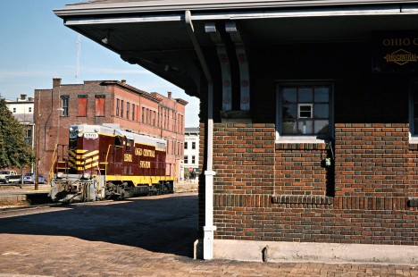 Ohio Central Railroad GP7 diesel locomotive no. 1501 at the depot in Coshocton, Ohio, on October 20, 2003. Photograph by John F. Bjorklund, © 2016, Center for Railroad Photography and Art. Bjorklund-78-20-22