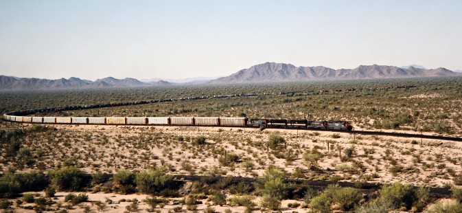 Southern Pacific Railroad freight train at Shawmut, Arizona, on April 2, 1988. Photograph by John F. Bjorklund, © 2016, Center for Railroad Photography and Art. Bjorklund-87-04-14