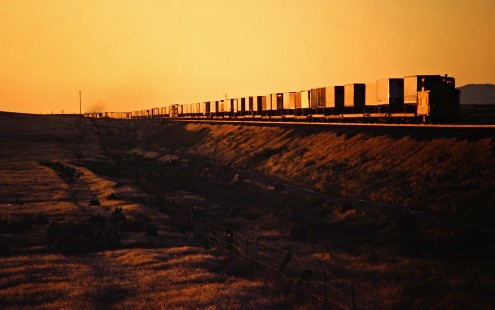 Westbound Union Pacific Railroad freight train in Sebree, Idaho, on June 29, 1984. Photograph by John F. Bjorklund, © 2016, Center for Railroad Photography and Art. Bjorklund-90-14-06