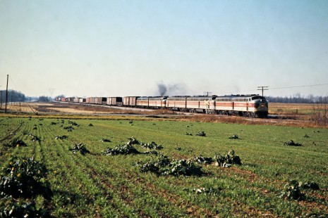 Eastbound Erie Lackawanna Railway freight train near Kingsland, Indiana, on November 16, 1975. Photograph by John F. Bjorklund, © 2016, Center for Railroad Photography and Art. Bjorklund-55-21-02