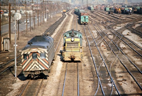 Westbound Penn Central passenger train no. 357 with Budd RDC-1 car at Detroit-Ann Arbor Terminal in Dearborn, Michigan, on April 2, 1974. Photograph by John F. Bjorklund, © 2016, Center for Railroad Photography and Art. Bjorklund-79-27-19