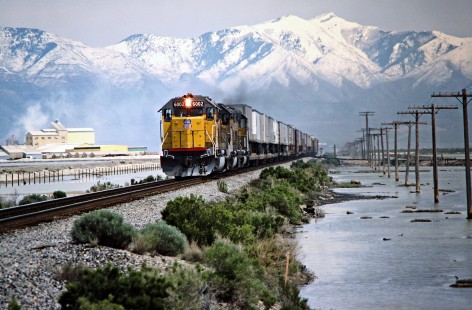 Westbound Union Pacific Railroad freight train on Western Pacific Railroad track at Ellerbeck, Utah, on May 13, 1986. Photograph by John F. Bjorklund, © 2016, Center for Railroad Photography and Art. Bjorklund-90-18-16