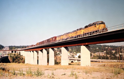 Northbound Union Pacific Railroad freight train on Burlington Northern Railroad's Latah Creek Bridge at Spokane, Washington, on July 16, 1973. Photograph by John F. Bjorklund, © 2016, Center for Railroad Photography and Art. Bjorklund-89-02-22