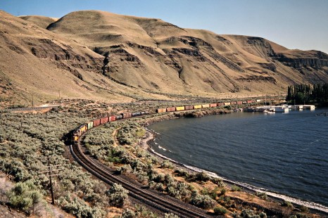 Eastbound Union Pacific Railroad freight train along the Columbia River in Wallula, Washington, on June 26, 1988. Photograph by John F. Bjorklund, © 2016, Center for Railroad Photography and Art. Bjorklund-91-14-09