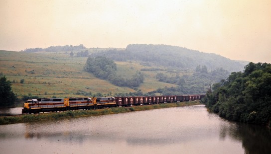 Westbound Erie Lackawanna Railway freight train in Andover, New York, on July 20, 1975. Photograph by John F. Bjorklund, © 2016, Center for Railroad Photography and Art. Bjorklund-55-02-01