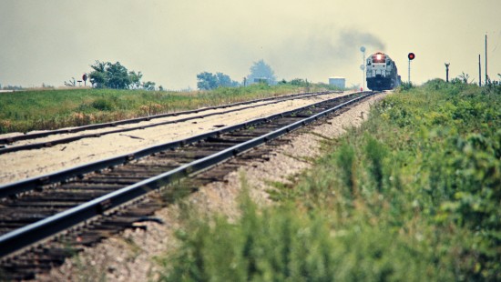 Northbound Kansas City Southern Railway Ashbury, Missouri, on July 16, 1977. Photograph by John F. Bjorklund, © 2016, Center for Railroad Photography and Art. Bjorklund-61-03-09
