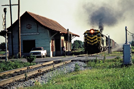Southbound Missouri–Kansas–Texas Railroad freight train at Checotah, Oklahoma, on July 16, 1981. Photograph by John F. Bjorklund, © 2016, Center for Railroad Photography and Art. Bjorklund-70-13-08