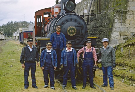 The six-man crew of a Guayaquil & Quito Railway train stands proudly in front of their locomotive at Azogues, Ecuador, on July 12, 1990. Photograph by Fred M. Springer, © 2016, Center for Railroad Photography and Art. Springer-SOAM1-04-23