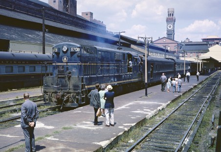 Baltimore & Ohio diesel-electric locomotive no. 6708 at Camden Station in Baltimore, Maryland, on August 15, 1964. Photograph by Fred M. Springer, © 2016, Center for Railroad Photography and Art. Springer-East1-16-12