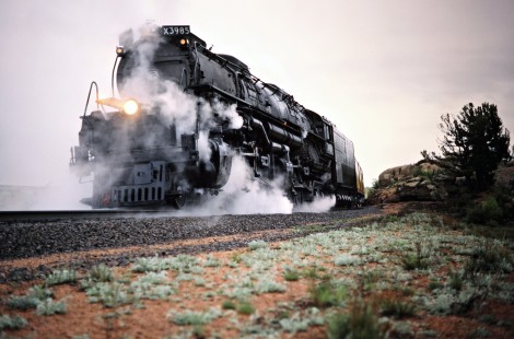 Eastbound Union Pacific Railroad Challenger steam locomotive no. 3985 at Buford, Wyoming, on May 24, 1987. Photograph by John F. Bjorklund, © 2016, Center for Railroad Photography and Art. Bjorklund-91-04-05
