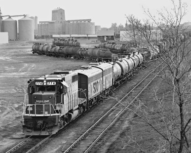Westbound Soo Line Railroad freight train prepares to depart Shoreham Yard in Minneapolis, Minnesota, in May 1975. Photograph by J. Parker Lamb, © 2017, Center for Railroad Photography and Art. Lamb-02-107-05
