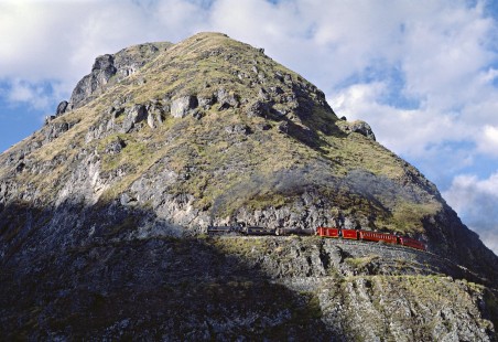 On the most spectacular part of Ecuador’s superlative Guayaquil & Quito Railway, locomotive no. 44 leads a short train up the Devil’s Nose in 1988. Photograph by Fred M. Springer, © 2016, Center for Railroad Photography and Art. Springer-ECU1-06-19