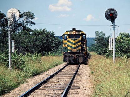 Southbound Missouri–Kansas–Texas Railroad freight train near McAlester, Oklahoma, on July 15, 1981. Photograph by John F. Bjorklund, © 2016, Center for Railroad Photography and Art. Bjorklund-70-10-08