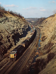 Eastbound Conrail freight train in Cadiz Junction, Ohio, on April 7, 1979. Photograph by John F. Bjorklund, © 2016, Center for Railroad Photography and Art. Bjorklund-81-12-23