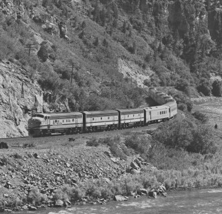Eastbound Denver and Rio Grande Western Railroad's <i>RIo Grande Zephyr</i> passenger train near Glenwood Springs, Colorado, in July 1980. Photograph by J. Parker Lamb, © 2017, Center for Railroad Photography and Art. Lamb-02-097-03