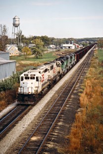 Southbound Kansas City Southern Railway coal train at Gentry, Arkansas, on October 21, 1988. Photograph by John F. Bjorklund, © 2016, Center for Railroad Photography and Art. Bjorklund-62-08-06