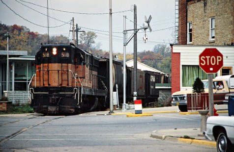 Eastbound Milwaukee Road freight train in Darlington, Wisconsin, on October 22, 1978. Photograph by John F. Bjorklund, © 2016, Center for Railroad Photography and Art. Bjorklund-67-19-14