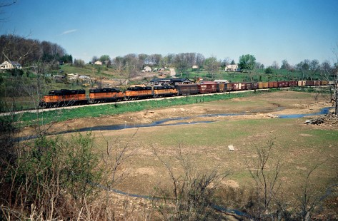 Eastbound Milwaukee Road freight train in Salem, Indiana, on April 28, 1978. Photograph by John F. Bjorklund, © 2016, Center for Railroad Photography and Art. Bjorklund-66-03-22