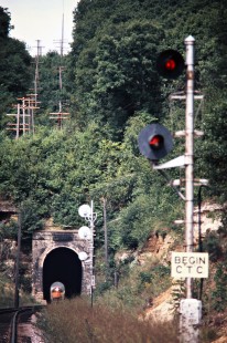 Eastbound Milwaukee Road freight train approaching tunnel at Tunnel City, Wisconsin, on August 26, 1975. Photograph by John F. Bjorklund, © 2016, Center for Railroad Photography and Art. Bjorklund-65-02-05
