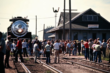 Westbound <i>American Freedom Train</i> on Milwaukee Road track at station in Hastings, Minnesota, on August 25, 1975. Photograph by John F. Bjorklund, © 2016, Center for Railroad Photography and Art. Bjorklund-65-01-18