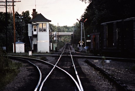 Milwaukee Road and Burlington Northern crossing at St. Croix Tower, Minnesota, on August 8, 1982. Photograph by John F. Bjorklund, © 2016, Center for Railroad Photography and Art. Bjorklund-69-08-15