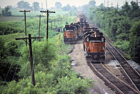 Southbound Milwaukee Road freight train at Danville, Illinois, on July 2, 1978. Photograph by John F. Bjorklund, © 2016, Center for Railroad Photography and Art. Bjorklund-66-26-19