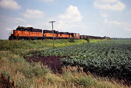 Northbound Milwaukee Road freight train near Humrick, Illinois, on July 2, 1978. Photograph by John F. Bjorklund, © 2016, Center for Railroad Photography and Art. Bjorklund-66-25-15