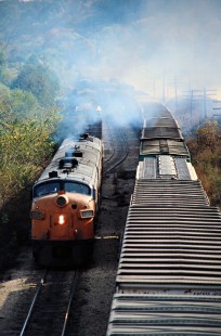 Westbound Milwaukee Road freight train in Sabula, Iowa, on October 21, 1978. Photograph by John F. Bjorklund, © 2016, Center for Railroad Photography and Art. Bjorklund-67-17-04